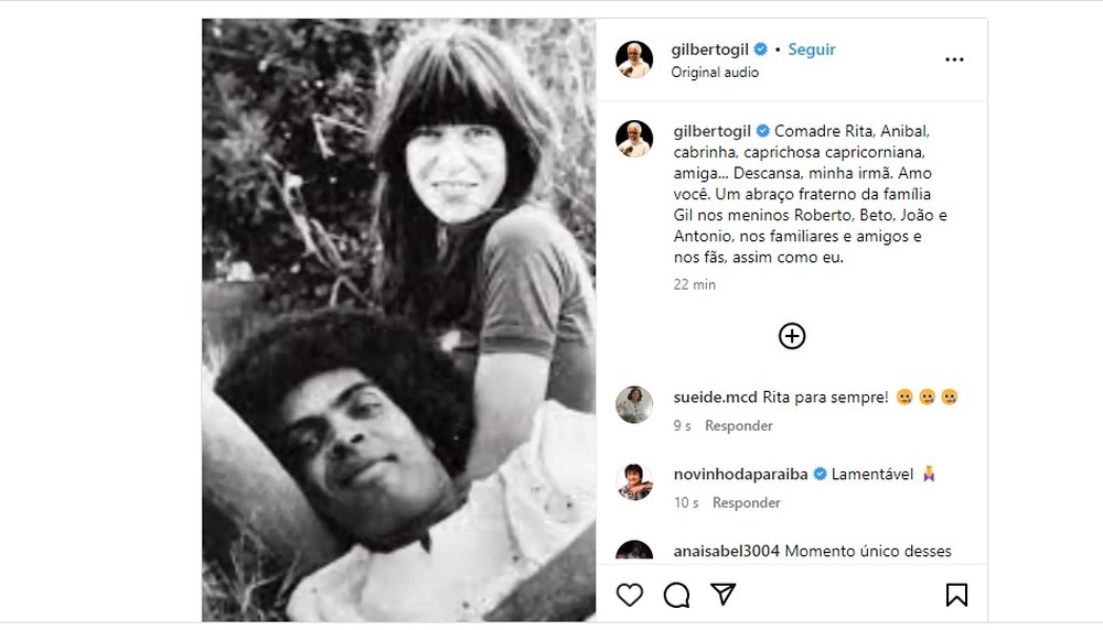 Gilberto Gil publica dueto com Rita Lee em homenagem à rainha do rock brasileiro: ‘cabrinha, caprichosa capricorniana, amiga’